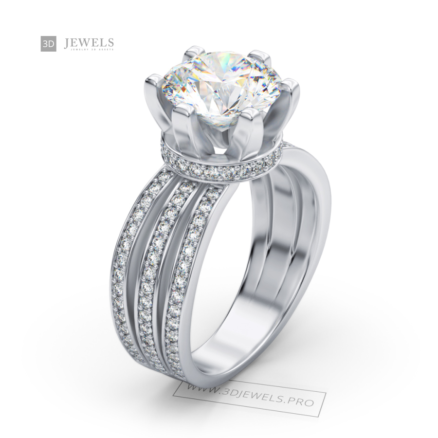 Pave triple shank contour diamond engagement ring 3D model | 3DJewels