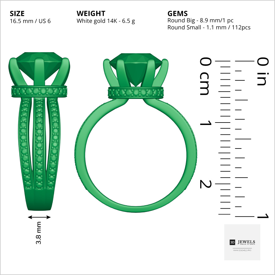 Pave triple shank contour diamond engagement ring Dimensions