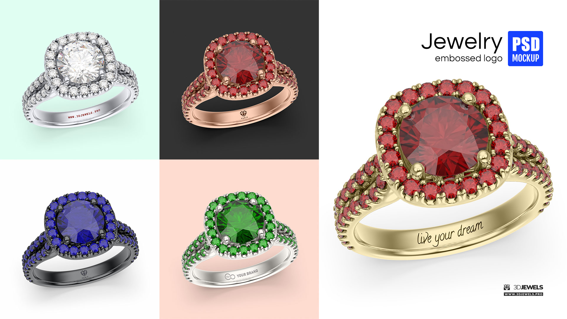 Embossed Logo Jewelry Diamond Ring PSD Mockup | 3DJewels